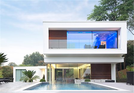 residential house pool - Glowing room of modern house Stock Photo - Premium Royalty-Free, Code: 6113-07730578