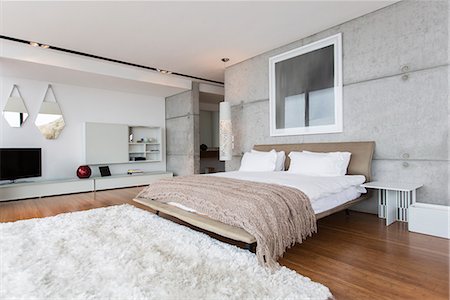 Shag rug in modern bedroom Foto de stock - Royalty Free Premium, Número: 6113-07730772