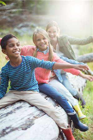 exploring - Students and teacher sitting on log in forest Stock Photo - Premium Royalty-Free, Code: 6113-07731263