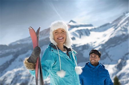 sports and skiing - Couple with skis at mountain Stock Photo - Premium Royalty-Free, Code: 6113-07906585