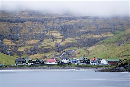 simsearch:6113-07242277,k - Coastal village below green cliffs, Vagar, Faroe Islands Stock Photo - Premium Royalty-Free, Code: 6113-08088335
