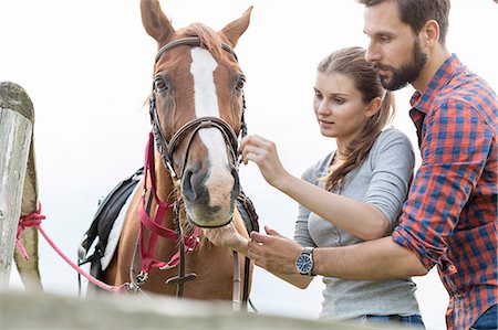 simsearch:6113-08220442,k - Couple adjusting bridle on horse Foto de stock - Sin royalties Premium, Código: 6113-08220420