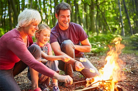 Multi-generation family roasting marshmallows at campfire in forest Foto de stock - Sin royalties Premium, Código de la imagen: 6113-08424266