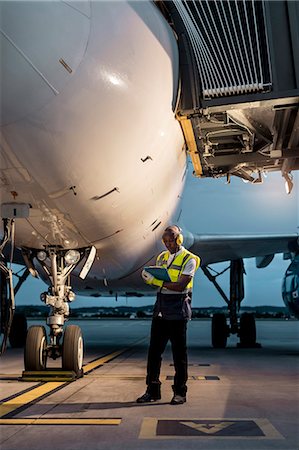 reading (from a meter or gauge) - Airport ground crew worker with clipboard under airplane on tarmac Stock Photo - Premium Royalty-Free, Code: 6113-08784227