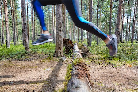 simsearch:6113-06754165,k - Runner jumping over fallen log on trail in woods Stock Photo - Premium Royalty-Free, Code: 6113-08722209