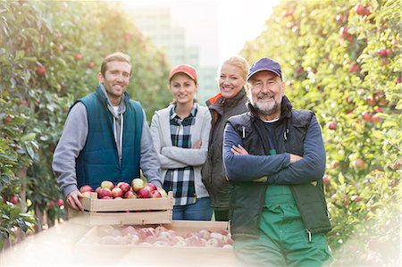 successful team - Portrait smiling farmers harvesting apples in orchard Stock Photo - Premium Royalty-Free, Code: 6113-08805792