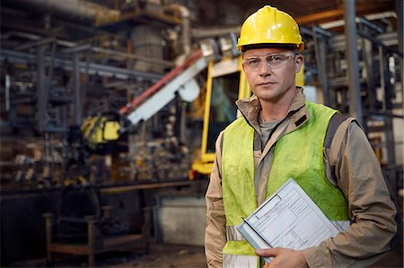 Portrait serious, confident steelworker with clipboard in steel mill Fotografie stock - Premium Royalty-Free, Codice: 6113-09059092
