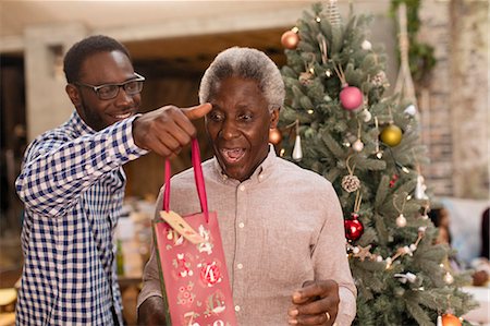 simsearch:6113-09131576,k - Grandson surprising grandfather with Christmas gift Stock Photo - Premium Royalty-Free, Code: 6113-09144616