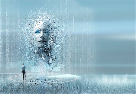 futuristic technology ideas - Artificial intelligence woman looking up at face Stock Photo - Premium Royalty-Free, Code: 6113-09144752