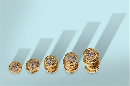 piles of cash pounds - Ascending stacks of pound coins with bar graph growth shadow Stock Photo - Premium Royalty-Free, Code: 6113-09144726