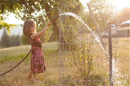 simsearch:695-05767597,k - Girl in dress watering tree with hose in sunny, summer yard Fotografie stock - Premium Royalty-Free, Codice: 6113-09111953