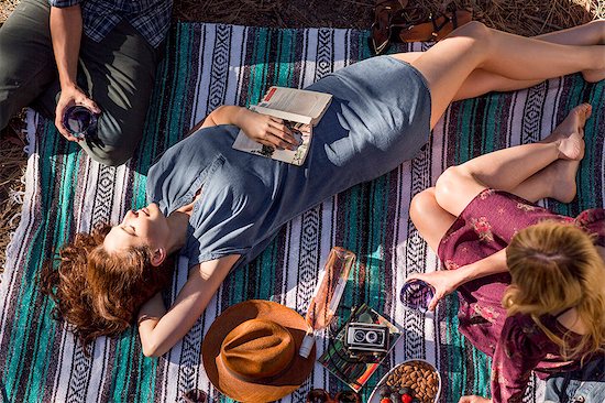 Overhead view young woman with book relaxing on picnic blanket Stock Photo - Premium Royalty-Free, Image code: 6113-09131700