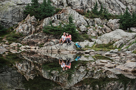 simsearch:6113-09239813,k - Portrait couple hiking, resting at rocky lake, Dog Mountain, BC, Canada Stock Photo - Premium Royalty-Free, Code: 6113-09240842