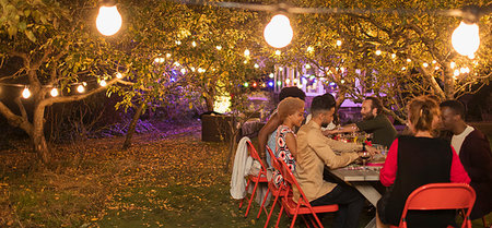 Friends enjoying dinner garden party under trees with fairy lights Stock Photo - Premium Royalty-Free, Code: 6113-09241419