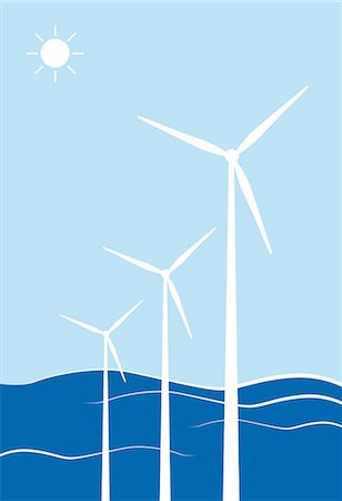 Wind turbines against blue background, illustration Photographie de stock - Premium Libres de Droits, Code: 6115-07109861