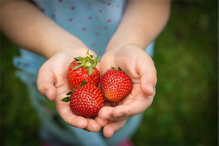 detail - Little girl holding strawberries in her hands, close-up Stock Photo - Premium Royalty-Free, Code: 6115-08100434