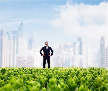 simsearch:6116-07236288,k - Businessman in sunglasses  and hands on hips standing in a green field with city skyline in the background Stockbilder - Premium RF Lizenzfrei, Bildnummer: 6116-07236481