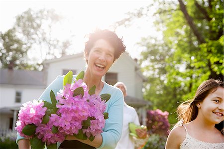 Family Party. A Woman Carrying A Large Bunch Of Rhododendron Flowers, Smiling Broadly. Stock Photo - Premium Royalty-Free, Code: 6118-07122197