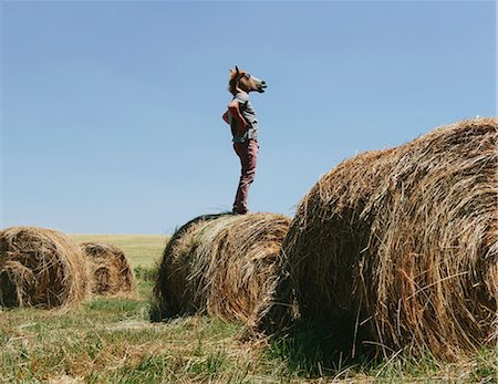 A Man Wearing A Horse Mask, Standing On A Hay Bale, Looking Out Over The Landscape. Stockbilder - Premium RF Lizenzfrei, Bildnummer: 6118-07122118