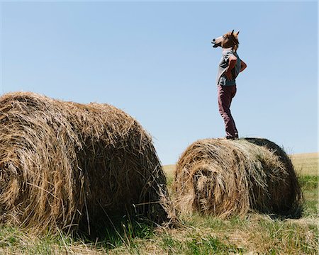 simsearch:6118-07122080,k - A Man Wearing A Horse Mask, Standing On A Hay Bale, Looking Out Over Farmland. Stock Photo - Premium Royalty-Free, Code: 6118-07122119