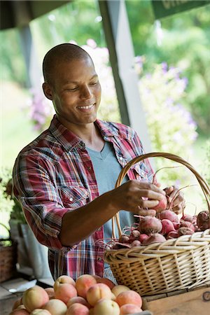 simsearch:6118-07352910,k - A farm stand with fresh organic vegetables and fruit. A man sorting beetroot in a basket. Photographie de stock - Premium Libres de Droits, Code: 6118-07202996