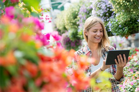 A woman in a plant nursery surrounded by flowering plants and green foliage. Stock Photo - Premium Royalty-Free, Code: 6118-07203372