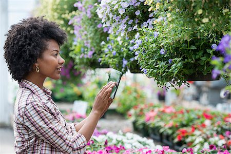 simsearch:6118-07351160,k - A woman in a plant nursery surrounded by flowering plants and green foliage. Photographie de stock - Premium Libres de Droits, Code: 6118-07203375