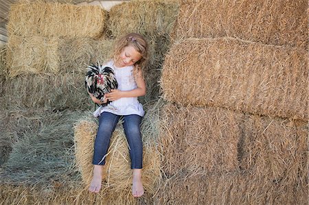 Young girl sitting on a hay bale, holding a chicken in her arms. Stock Photo - Premium Royalty-Free, Code: 6118-07203313