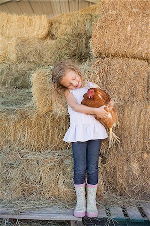 A young girl standing in a hay barn holding a chicken in her arms. Stock Photo - Premium Royalty-Free, Code: 6118-07203316