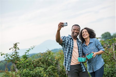 simsearch:6118-07203704,k - Picking blackberry fruits on an organic farm. A couple taking a selfy with a smart phone, and fruit picking. Stock Photo - Premium Royalty-Free, Code: 6118-07203679