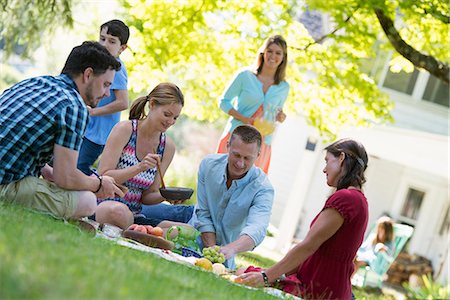 simsearch:6118-07203624,k - A group of adults and children sitting on the grass under the shade of a tree. A family party. Stock Photo - Premium Royalty-Free, Code: 6118-07203607
