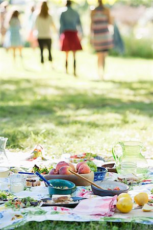 summer buffet - A group of adults and children sitting on the grass under the shade of a tree. A family party. Stock Photo - Premium Royalty-Free, Code: 6118-07203618