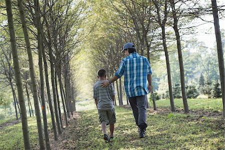 simsearch:6118-07235126,k - A man and a young boy walking down an avenue of trees. Foto de stock - Royalty Free Premium, Número: 6118-07235115