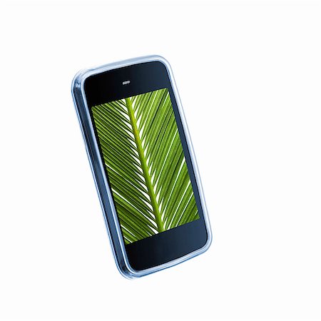 simsearch:6118-07351724,k - A small handheld communication device or phone with a green palm leaf image on the screen. Foto de stock - Sin royalties Premium, Código: 6118-07351728