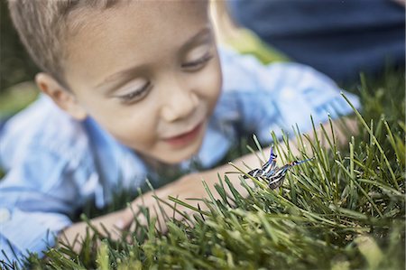 simsearch:400-04785692,k - A boy lying on his elbows on the grass examining a butterfly. Fotografie stock - Premium Royalty-Free, Codice: 6118-07352172