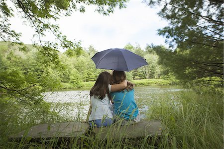 Two children, girls sitting together by a lake, under an umbrella. Stock Photo - Premium Royalty-Free, Code: 6118-07352387