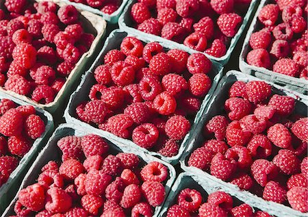 simsearch:6118-07440569,k - Boxes of organic raspberries on a farmers market stall. Stock Photo - Premium Royalty-Free, Code: 6118-07352542