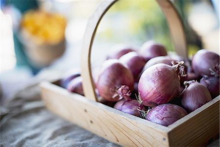 Organic Red Onions in Basket Photographie de stock - Premium Libres de Droits, Code: 6118-07352923