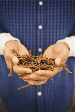 A person holding a heap of rusting metal nails taken from reclaimed timber. Stockbilder - Premium RF Lizenzfrei, Bildnummer: 6118-07353391