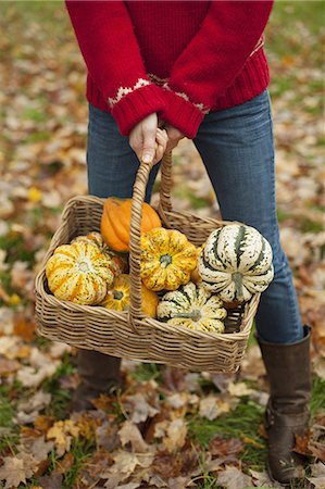 simsearch:6118-07439807,k - A woman in a red knitted jumper holding a basket of vegetables, gourds and squashes. Organic farming. Stock Photo - Premium Royalty-Free, Code: 6118-07353450