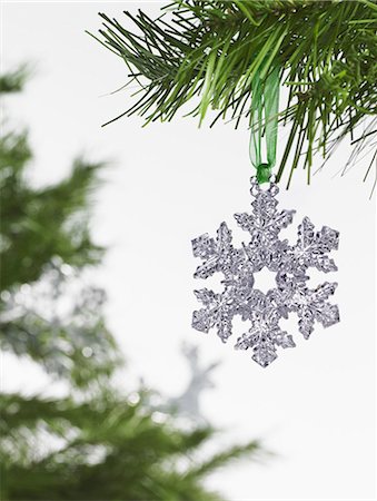 Still life. Green leaf foliage and decorations. A pine tree branch with green needles. Christmas decorations. A silver icicle shape hanging from a tree. Stock Photo - Premium Royalty-Free, Code: 6118-07353493