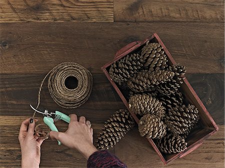 stringing - A person using secateurs or cutters on string. A box of pine cones. Photographie de stock - Premium Libres de Droits, Code: 6118-07353500