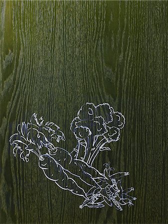 drawing vegetables - A line drawing image on a natural wood grain background. Vegetables, carrots, broccoli and beans or peas. Foto de stock - Sin royalties Premium, Código: 6118-07353998