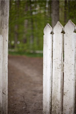 simsearch:700-05389534,k - A white picket fence, with an open garden gate. Fotografie stock - Premium Royalty-Free, Codice: 6118-07354134