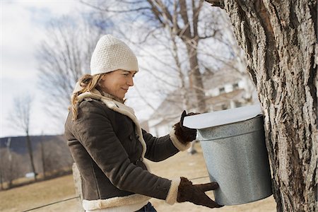 A maple syrup farm. A young woman holding a bucket which is tapping the sap from the tree. Stock Photo - Premium Royalty-Free, Code: 6118-07354203
