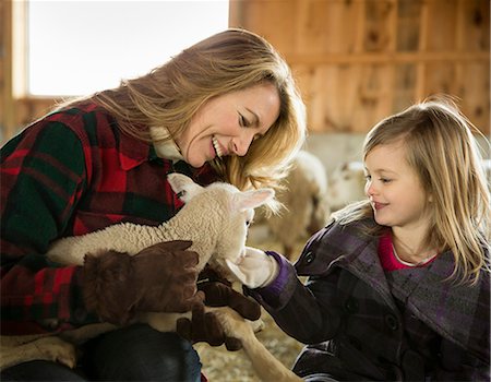 An Organic Farm in Winter in Cold Spring, New York State. Livestock overwintering. A woman and a child stroking a small lamb. Stock Photo - Premium Royalty-Free, Code: 6118-07354442