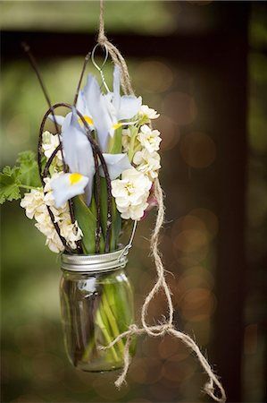 A small glass jar hanging from a wire, with iris and scented stock flowers. A floral decoration. Photographie de stock - Premium Libres de Droits, Code: 6118-07440676
