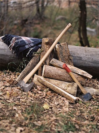 Tools and chopped firewood, a blanket lying on a log. Stock Photo - Premium Royalty-Free, Code: 6118-07944777