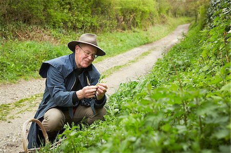 simsearch:614-00602653,k - A man in a long coat and boots foraging for edible and tasty plants in the hedgerow. Stockbilder - Premium RF Lizenzfrei, Bildnummer: 6118-08023749