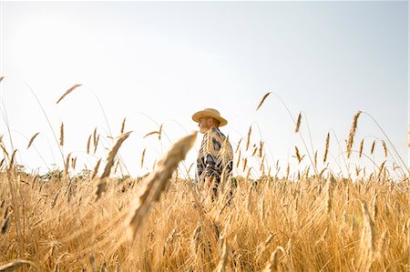 photo of a maize farm in usa - Man wearing a checked shirt and a hat standing in a cornfield, a farmer. Stock Photo - Premium Royalty-Free, Code: 6118-08220588